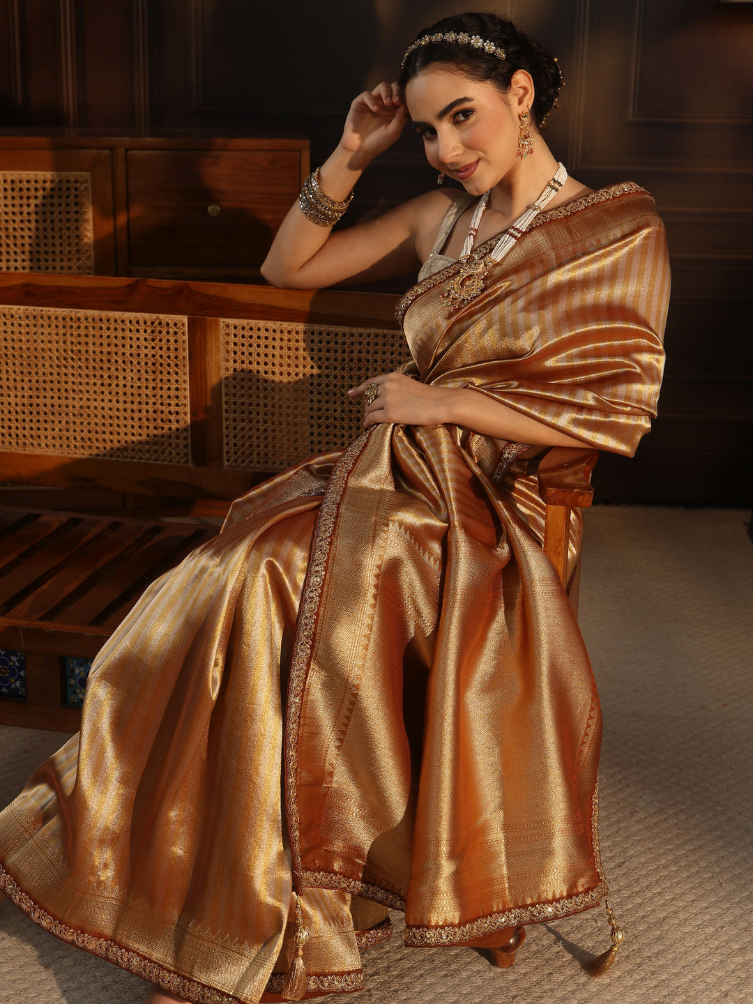 Libas Art Brown Striped Banarasi Silk Blend Saree