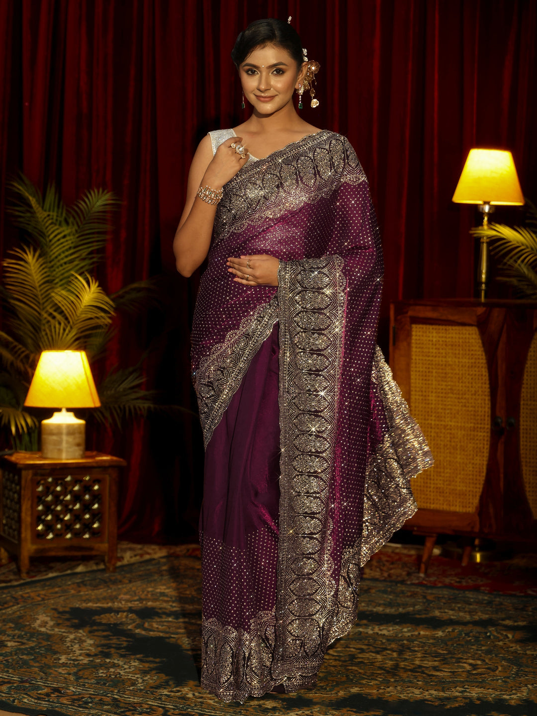 Libas Art Burgundy Embellished Tissue Saree