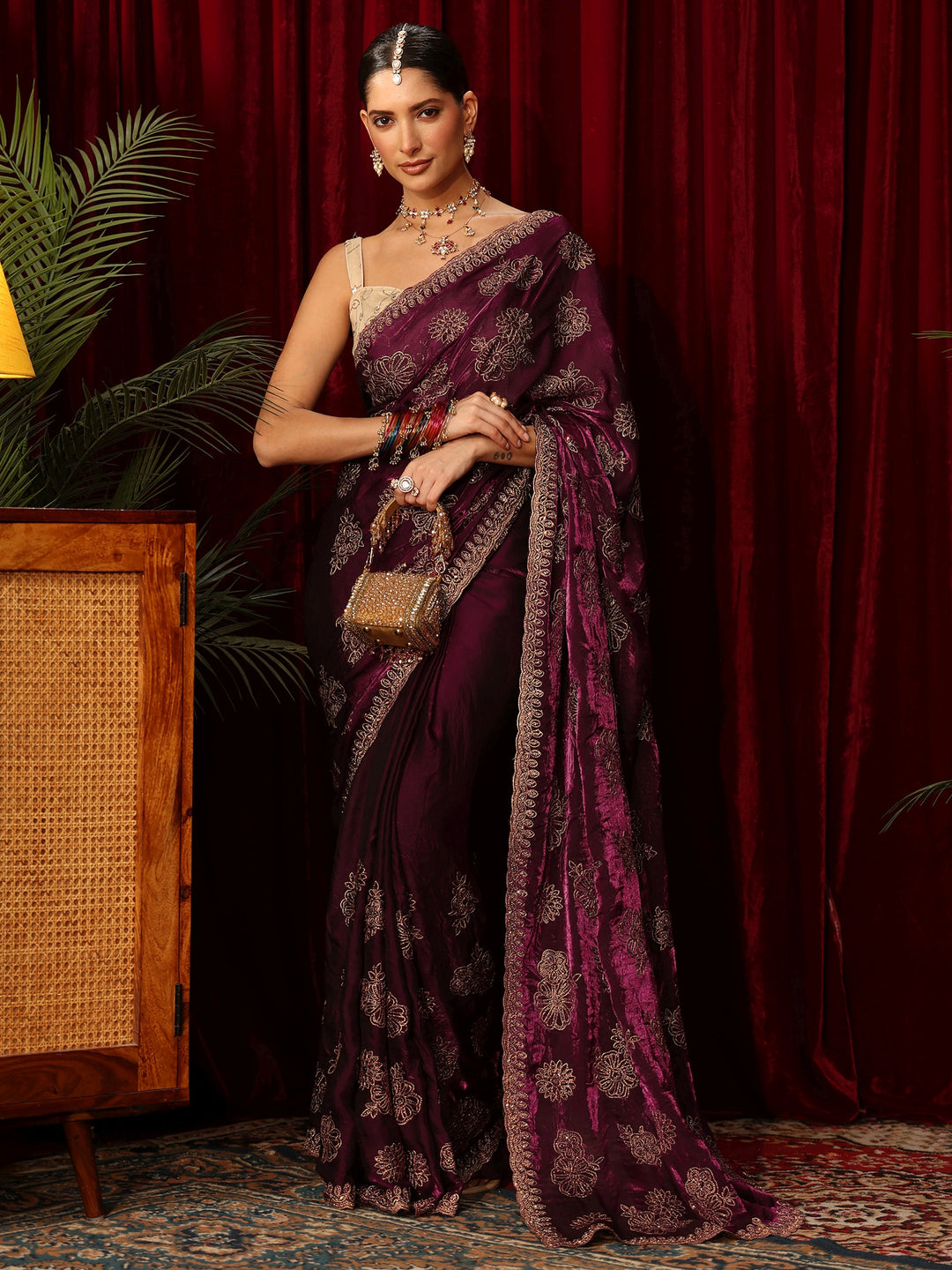 Libas Art Burgundy Floral Embellished Tissue Saree