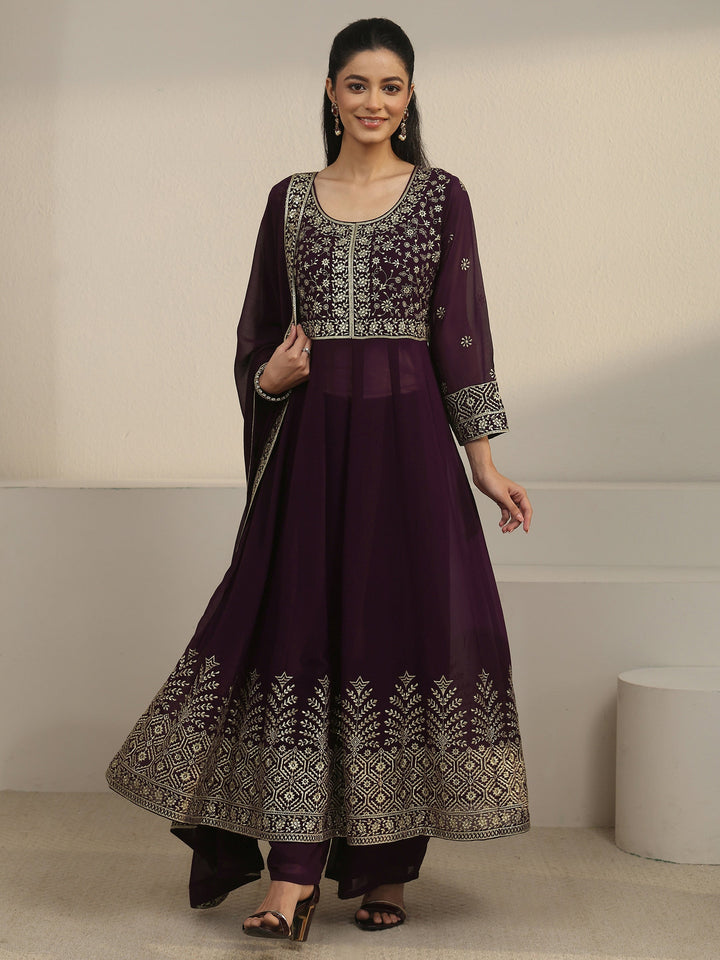 Libas Art Burgundy Floral Embroidered Georgette Anarkali Suit Set