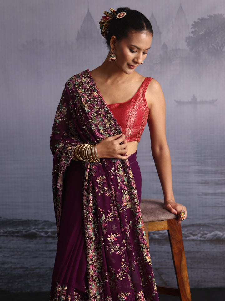 Libas Art Burgundy Floral Embroidered Georgette Saree with Stone Work