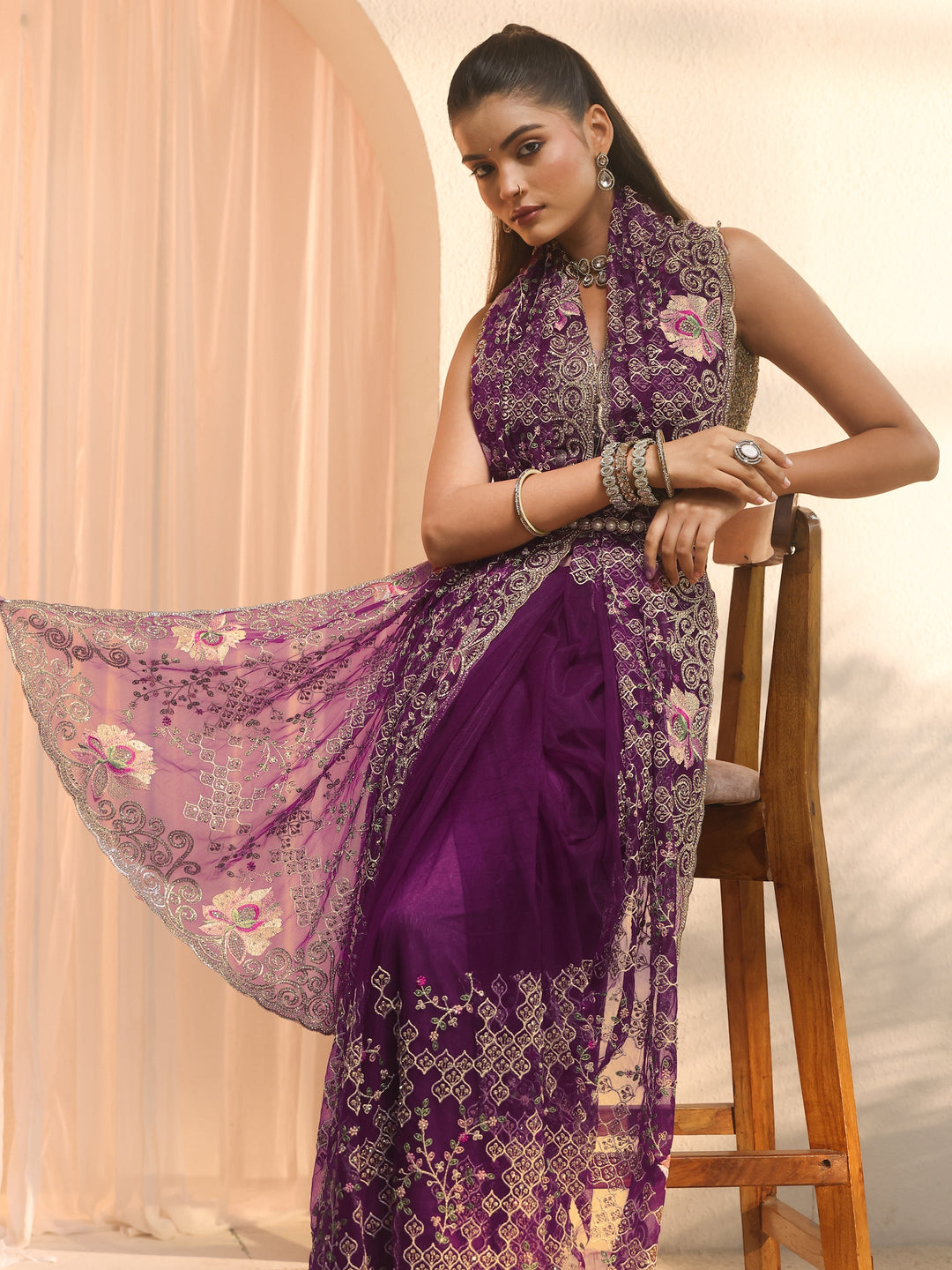 Libas Art Burgundy Floral Embroidered Stone Work Net Saree