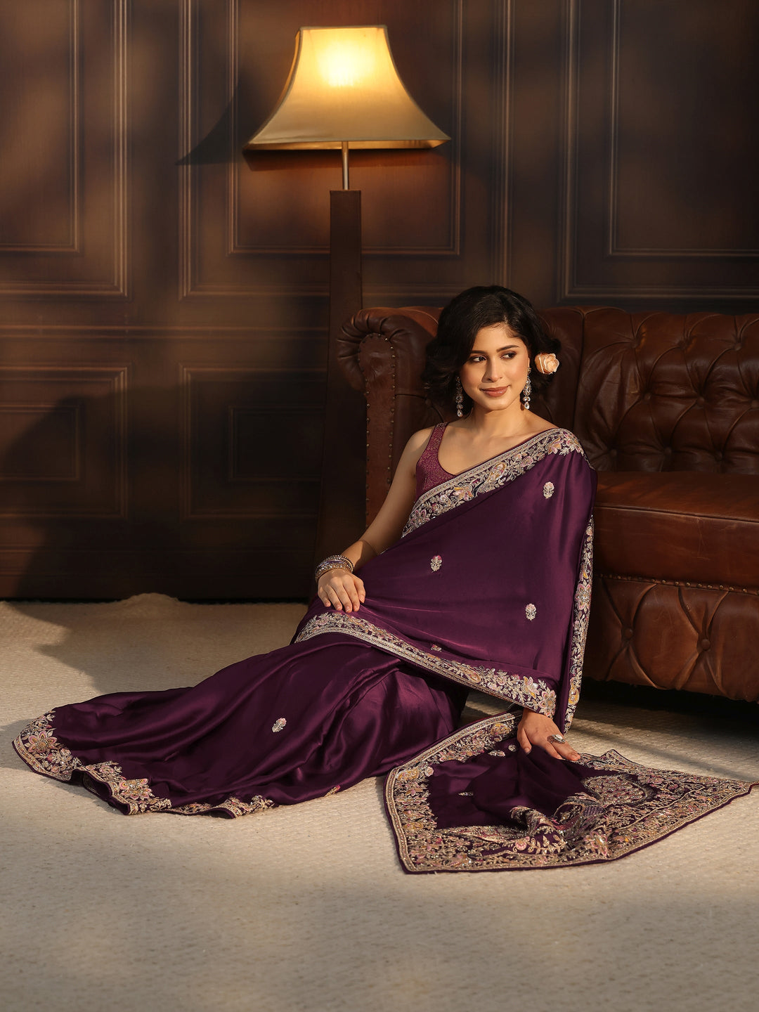 Libas Art Burgundy Satin Saree with Embellished Border