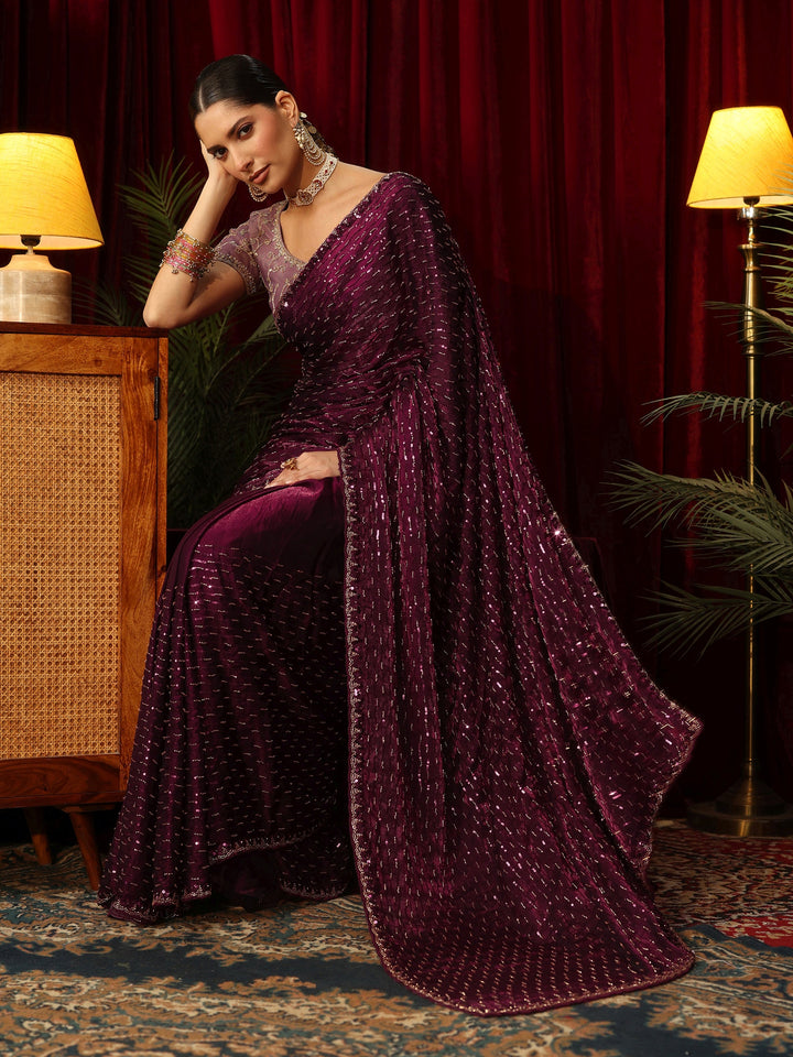 Libas Art Burgundy Sequin Embellished Tissue Saree