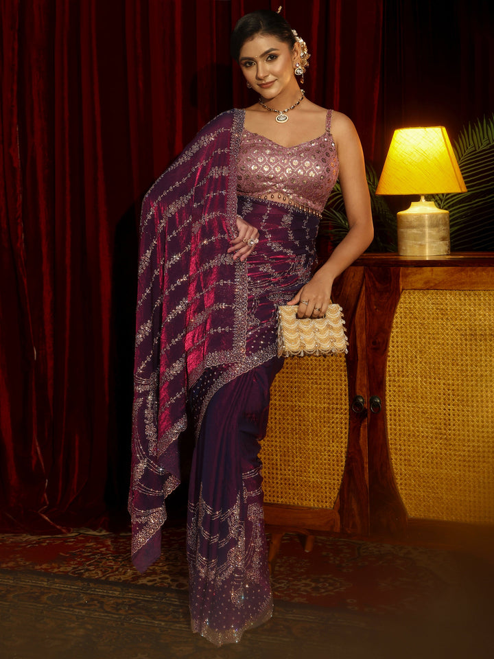 Libas Art Burgundy Stone Work Embellished Tissue Saree