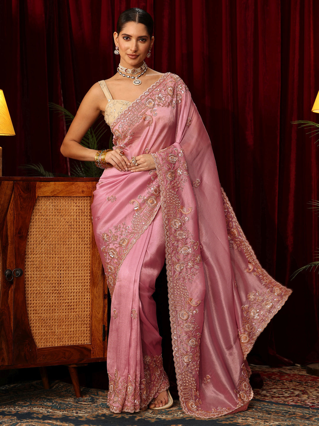 Libas Art Cerise Pink Floral Embellished Tissue Saree