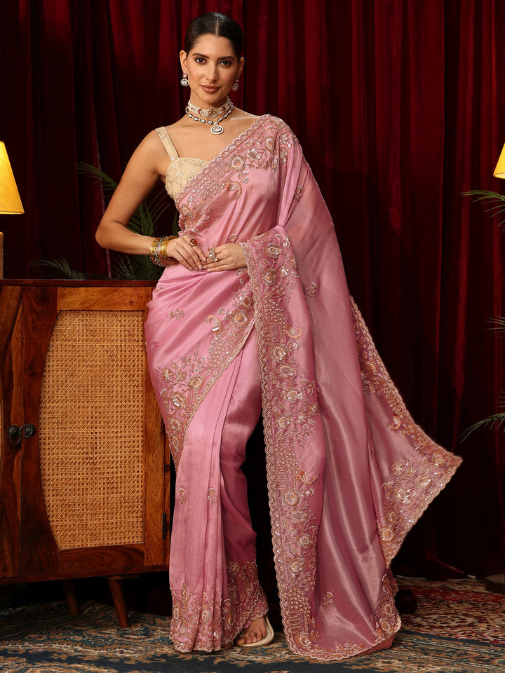 Libas Art Cerise Pink Floral Embellished Tissue Saree