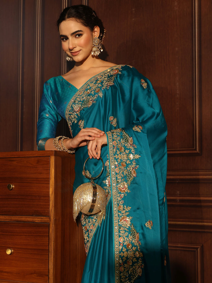 Libas Art Cerulean Blue Satin Saree with Embellished Border