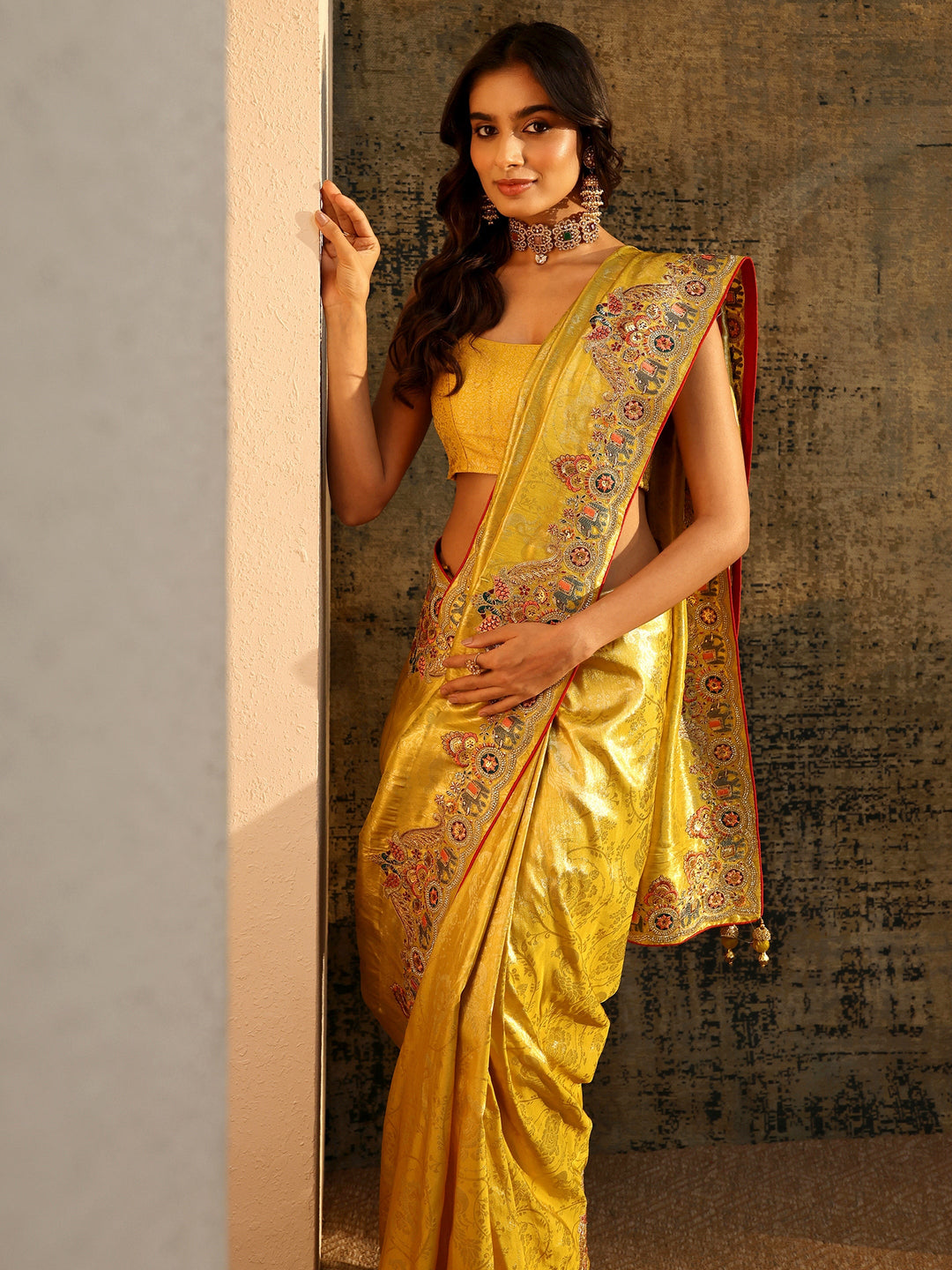 Libas Art Chartreuse Green Woven Silk Blend Saree with Embellished Saree