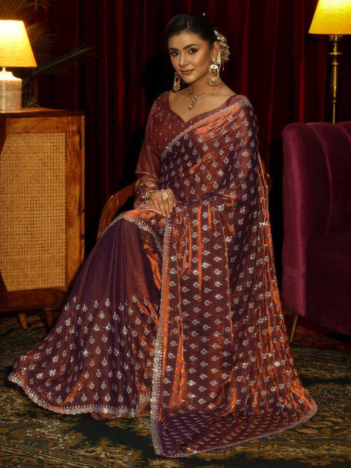Libas Art Chocolate Brown Embellished Tissue Saree