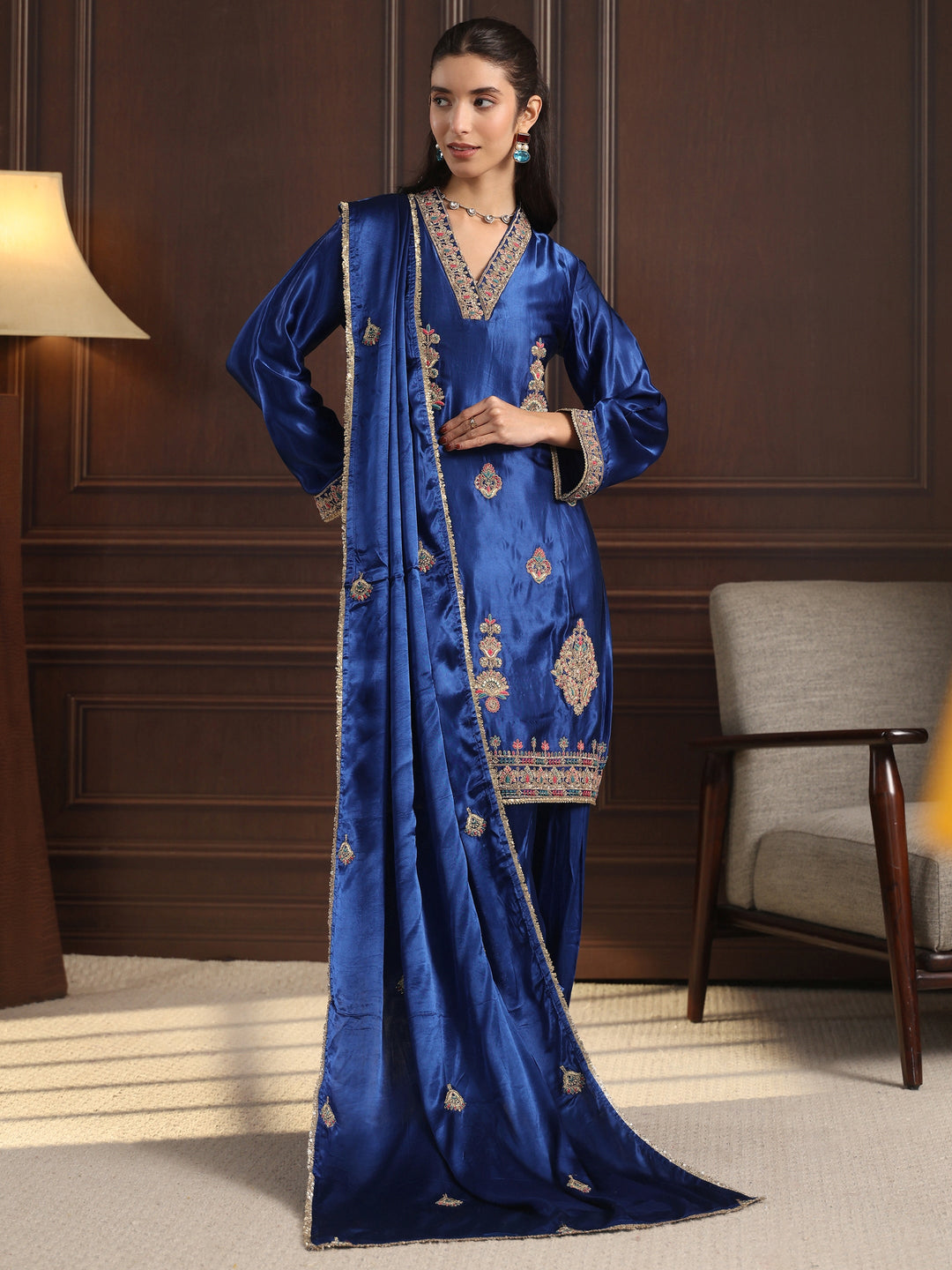 Libas Art Cobalt Blue Embroidered Silk Blend Palazzo Suit Set