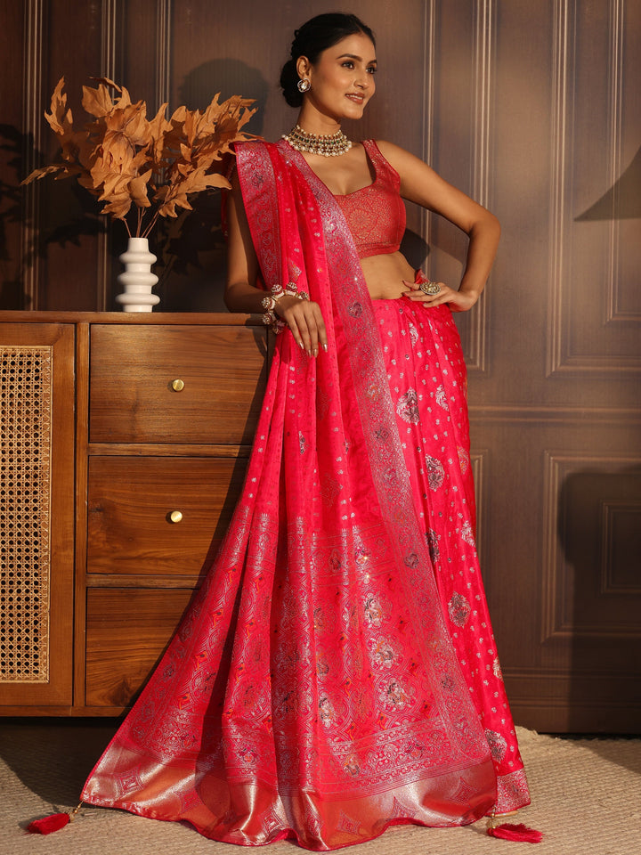 Libas Art Coral Pink Woven Design Silk Saree with Stone Work