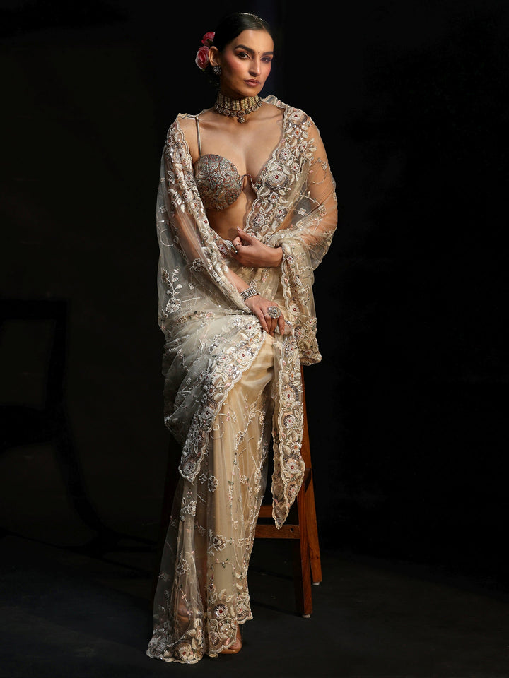 Libas Art Cream Bead and Sequin Embellished Floral Net Saree