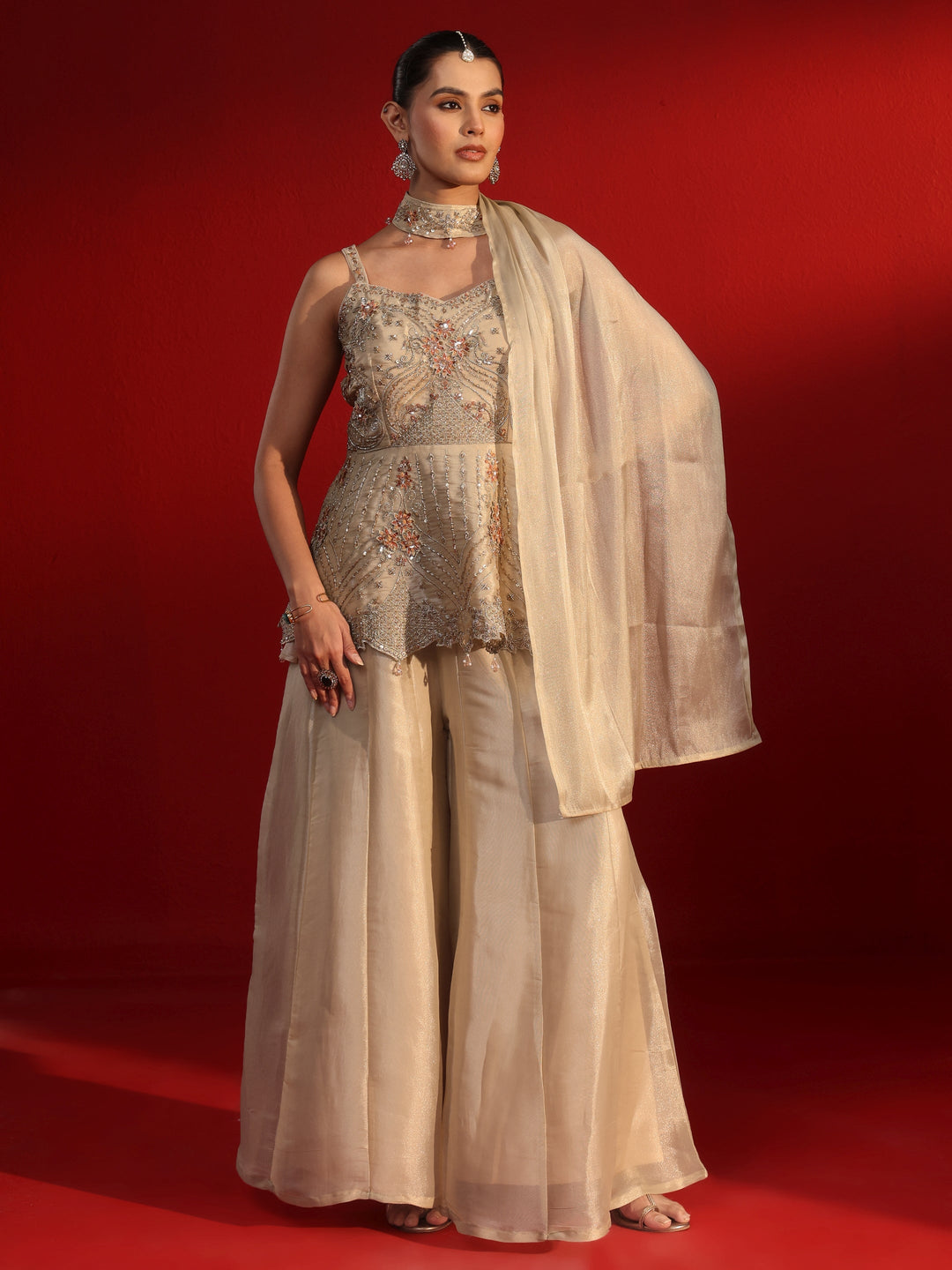 Libas Art Cream Embellished Strappy Tissue Palazzo Suit Set