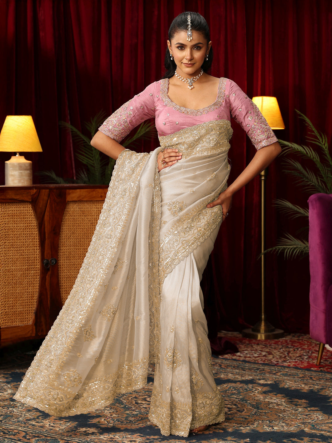 Libas Art Cream Floral Bead and Sequin Embellished Tissue Saree