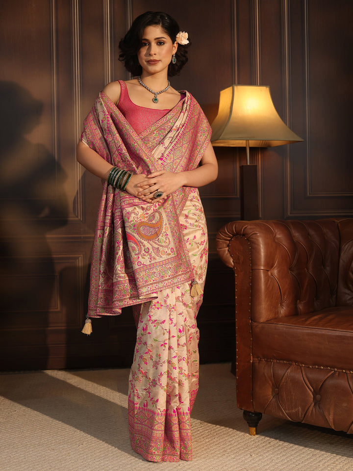 Libas Art Cream Floral Design Embellished Silk Blend Saree