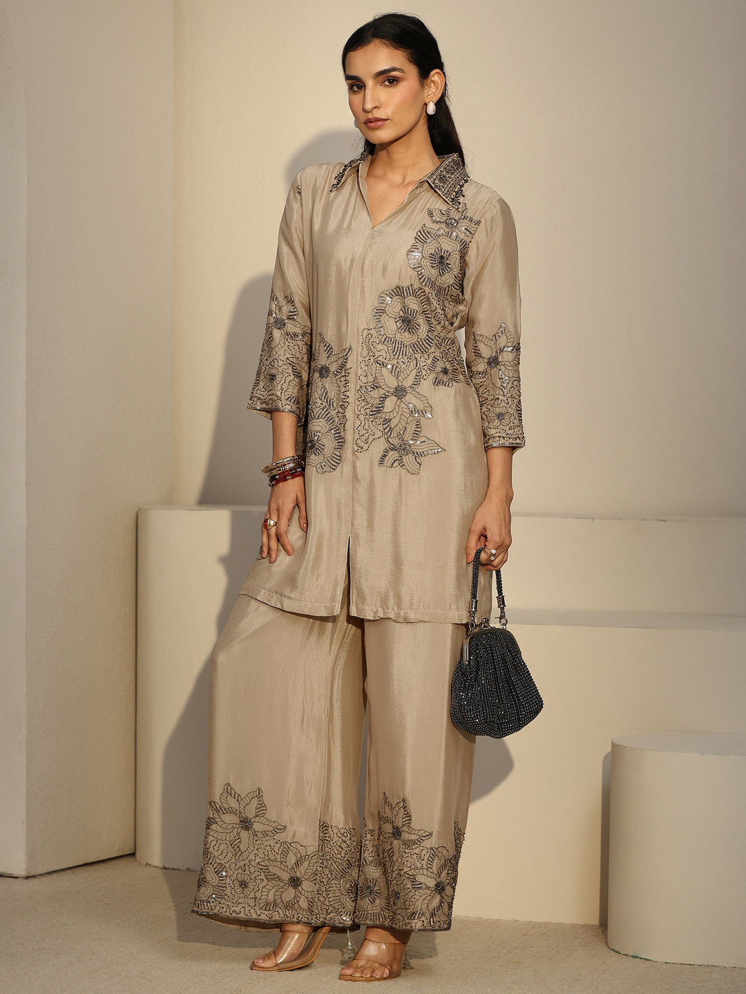 Libas Art Cream Floral Embellished Chinon Co-Ord Set