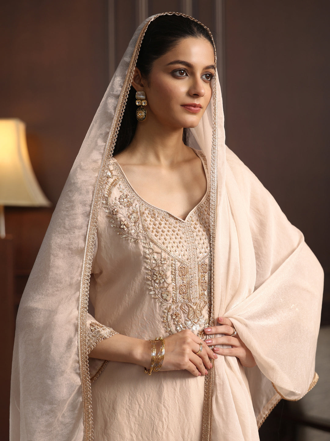 Libas Art Cream Floral Embellished Tissue Farshi Salwar Suit