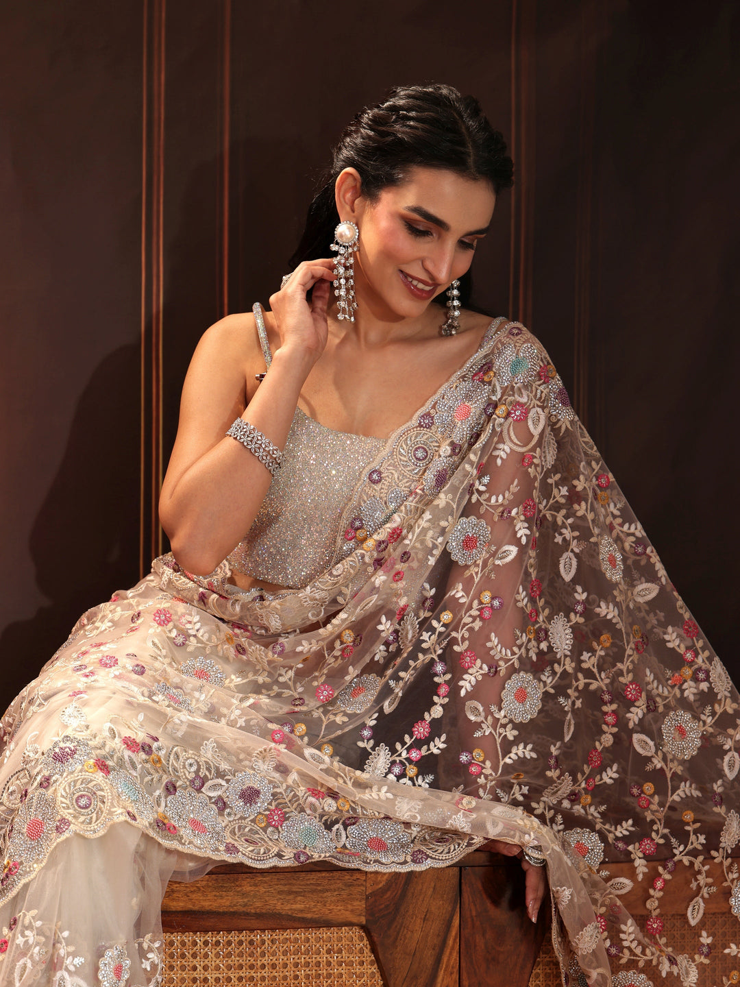 Libas Art Cream Floral Embroidered Net Saree