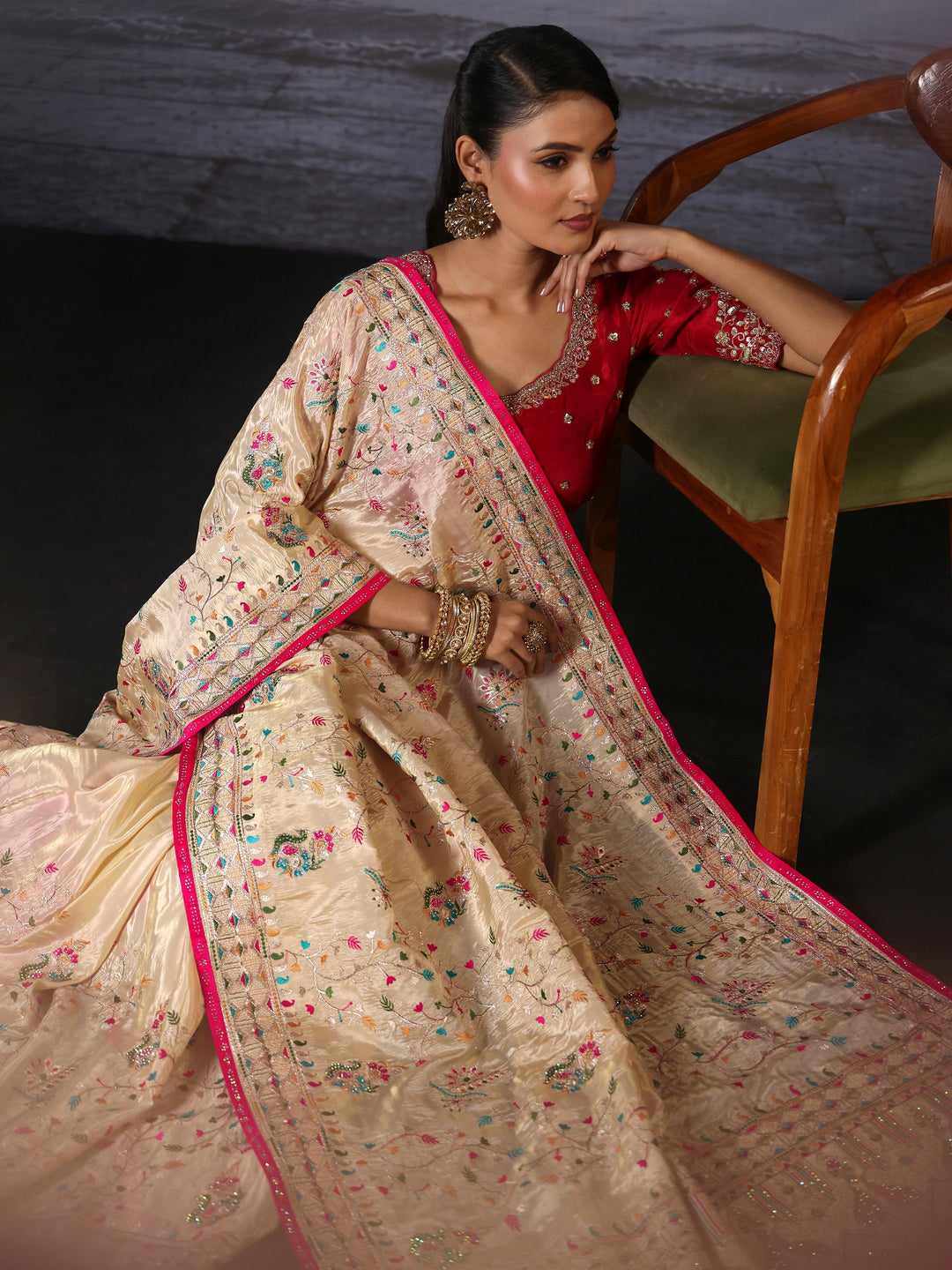 Libas Art Cream Floral Embroidered Stone Work Tissue Tassel Saree