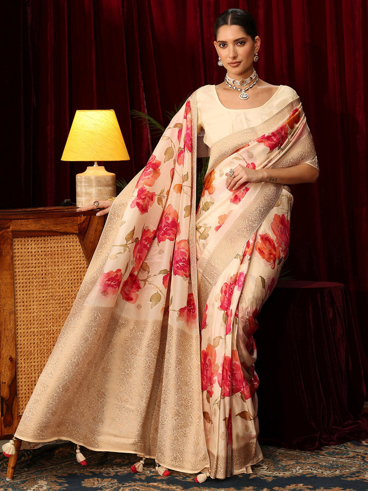 Libas Art Cream Floral Printed Silk Blend Saree with Woven Design Border