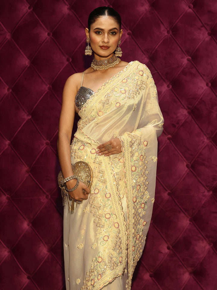 Libas Art Cream Floral Sequin Embellished Tissue Saree