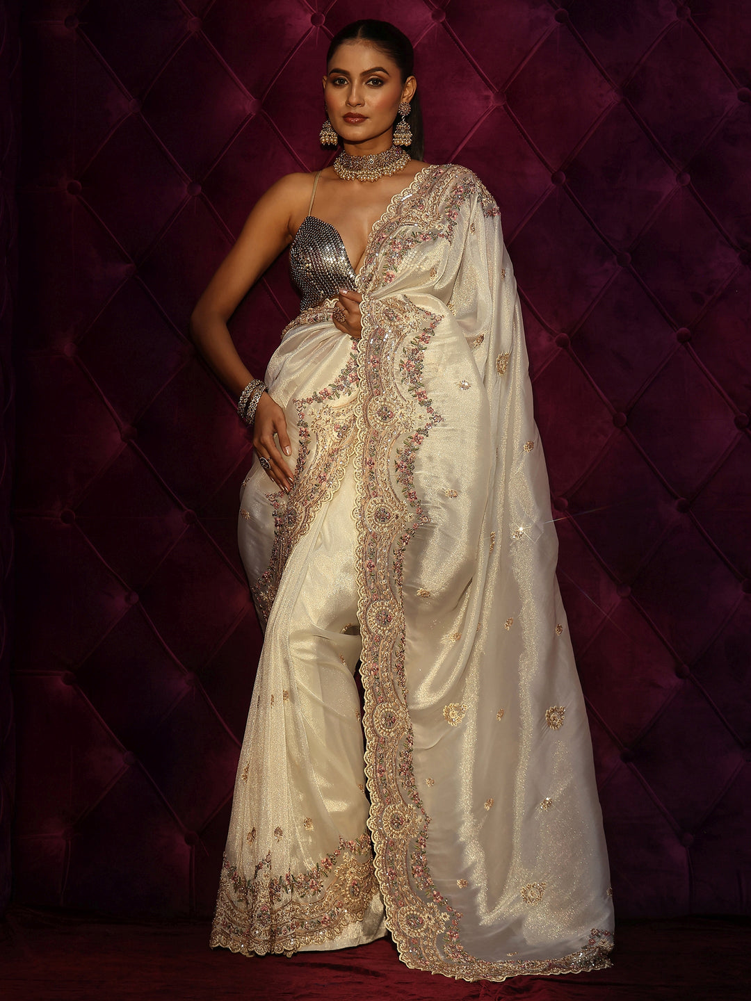 Libas Art Cream Floral Sequin Embellished Tissue Saree