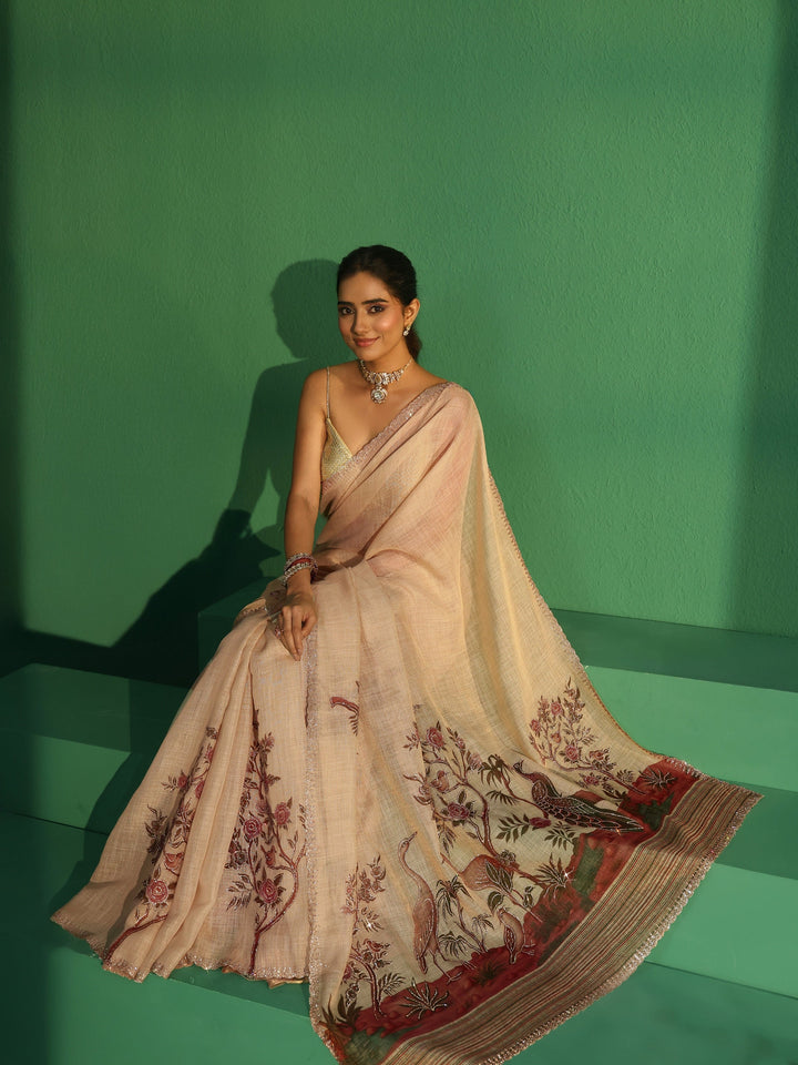 Libas Art Cream Printed Cotton Blend Saree with Embellished Border