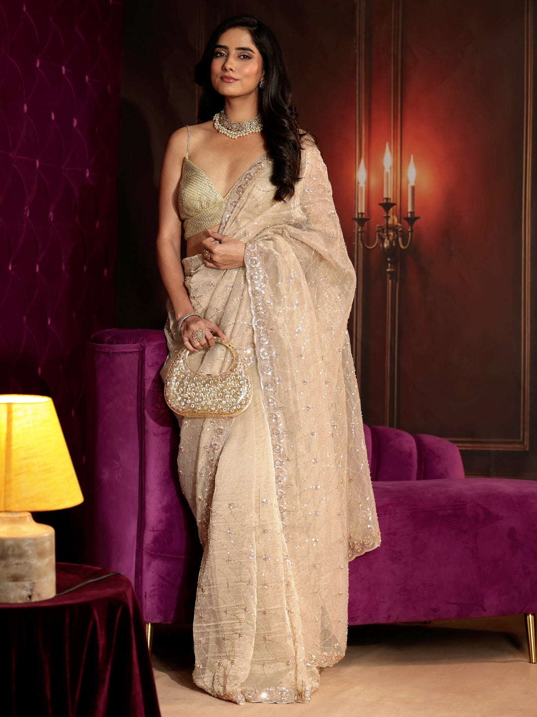 Libas Art Cream Sequin Embellished Net Saree