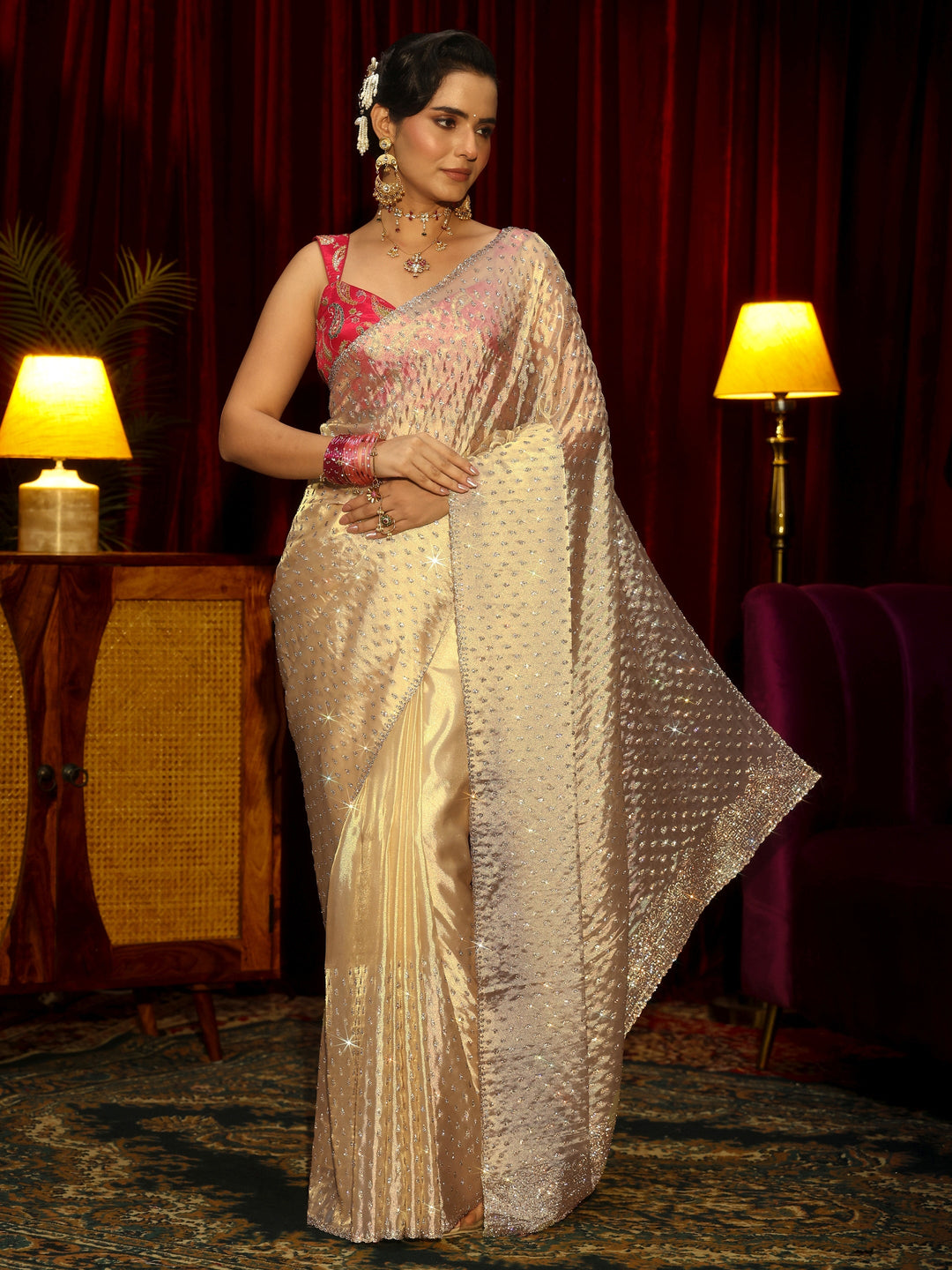 Libas Art Cream Stone Work Embellished Tissue Saree