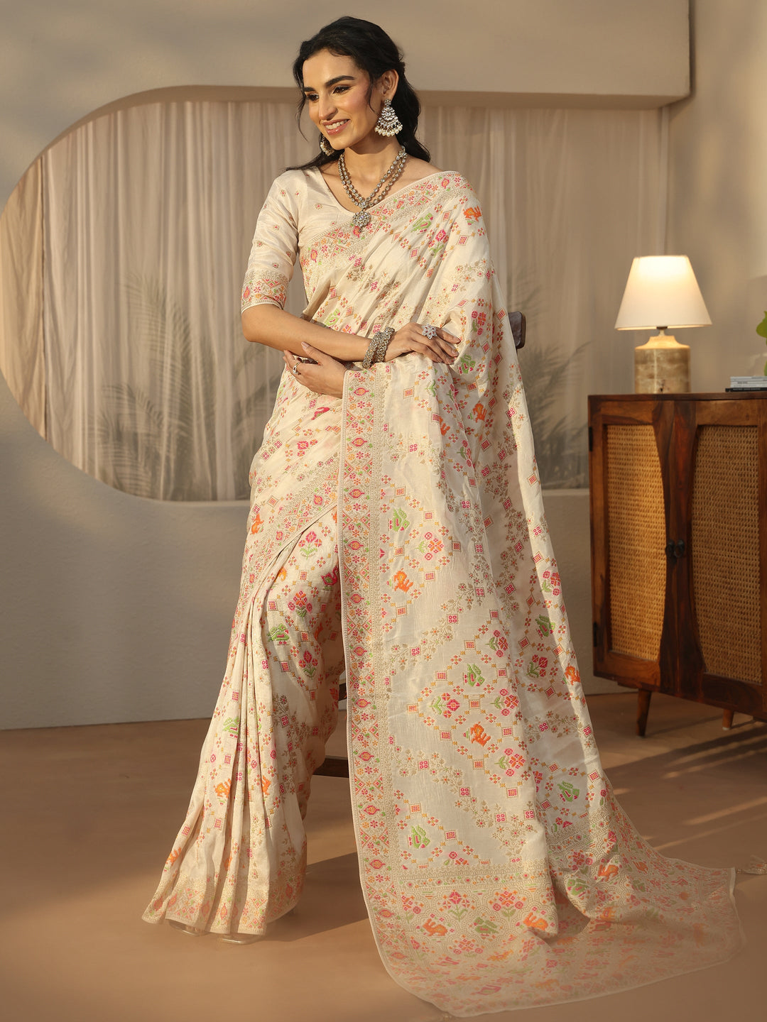 Libas Art Cream Woven Design Silk Blend Saree