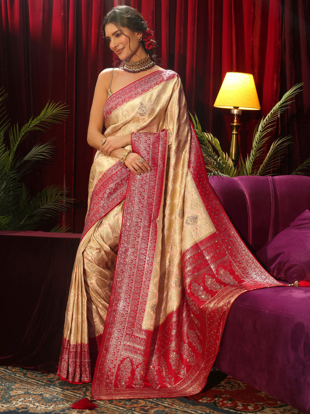Libas Art Cream Woven Design Silk Blend Saree with Stone Work