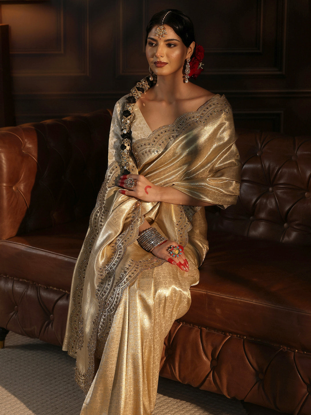 Libas Art Cream Woven Design Silk Saree with Embellished Border