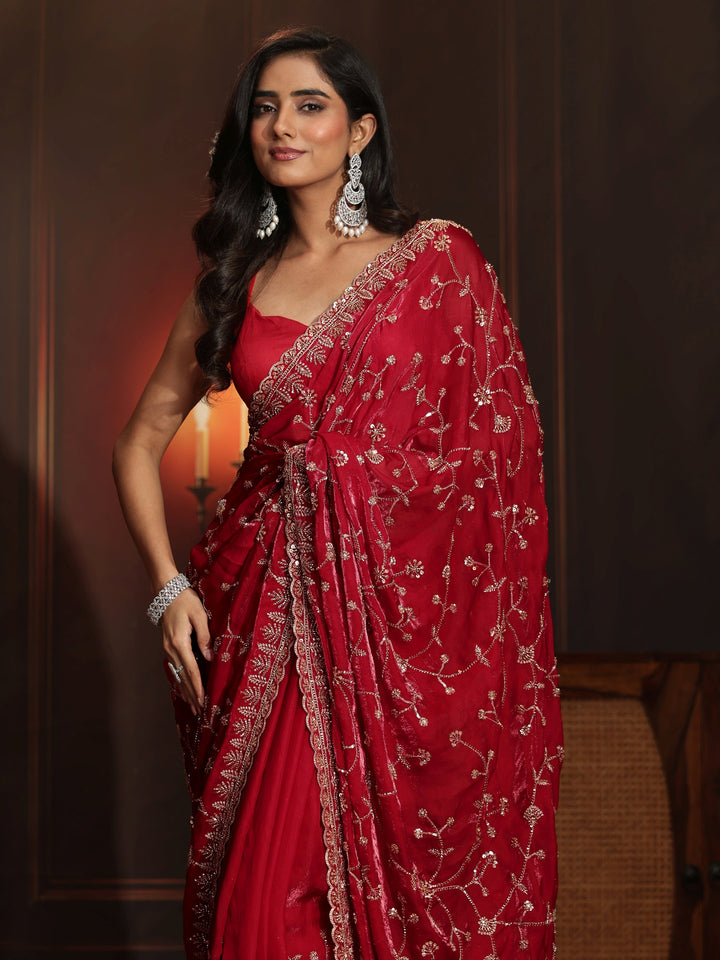 Libas Art Crimson Red Floral Embellished Tissue Saree