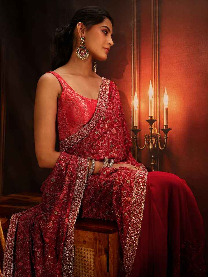 Libas Art Crimson Red Floral Embroidered Georgette Saree