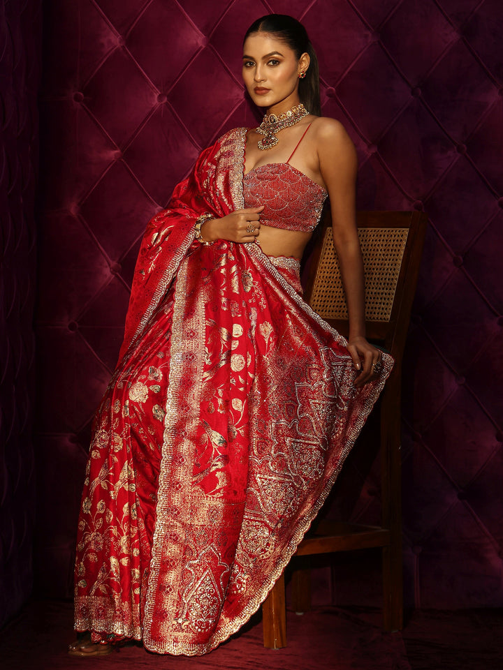 Libas Art Crimson Red Floral Woven Design Satin Saree with Embellishments