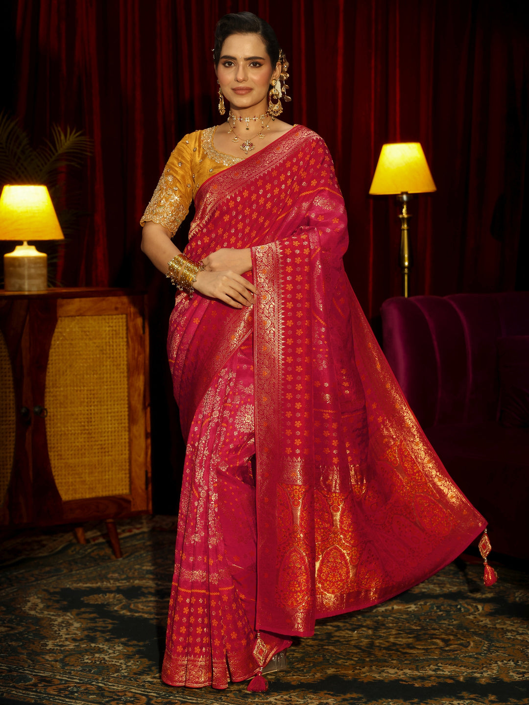 Libas Art Crimson Red Floral Woven Silk Blend Saree