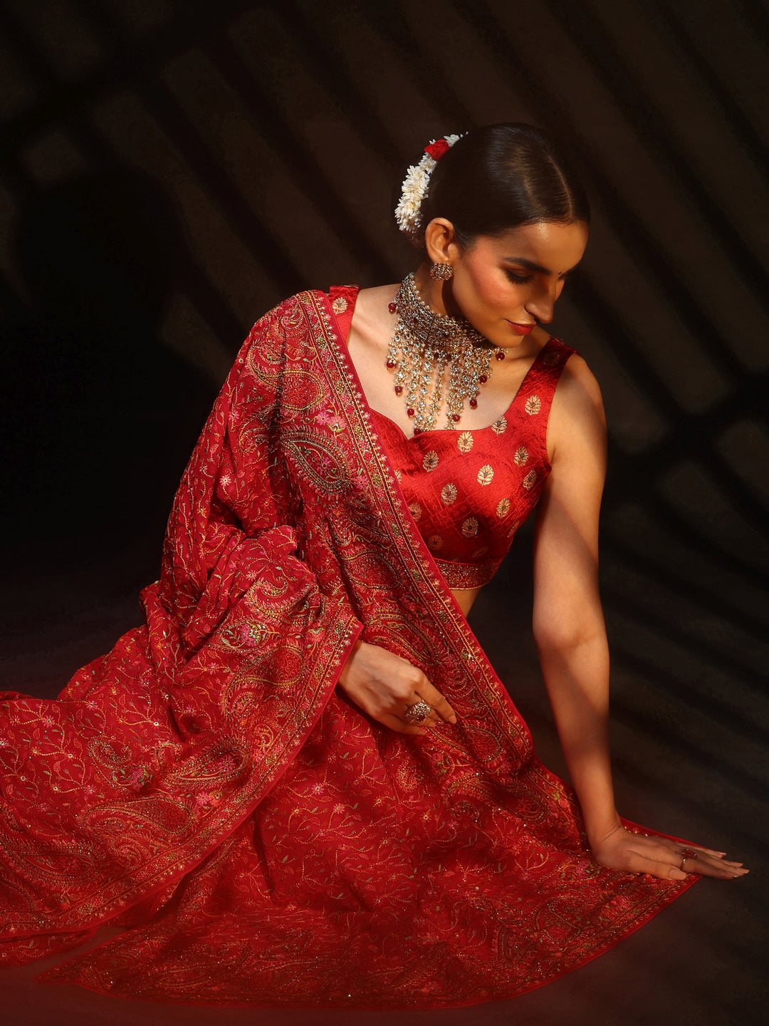 Libas Art Crimson Red Paisley Embroidered Georgette Saree
