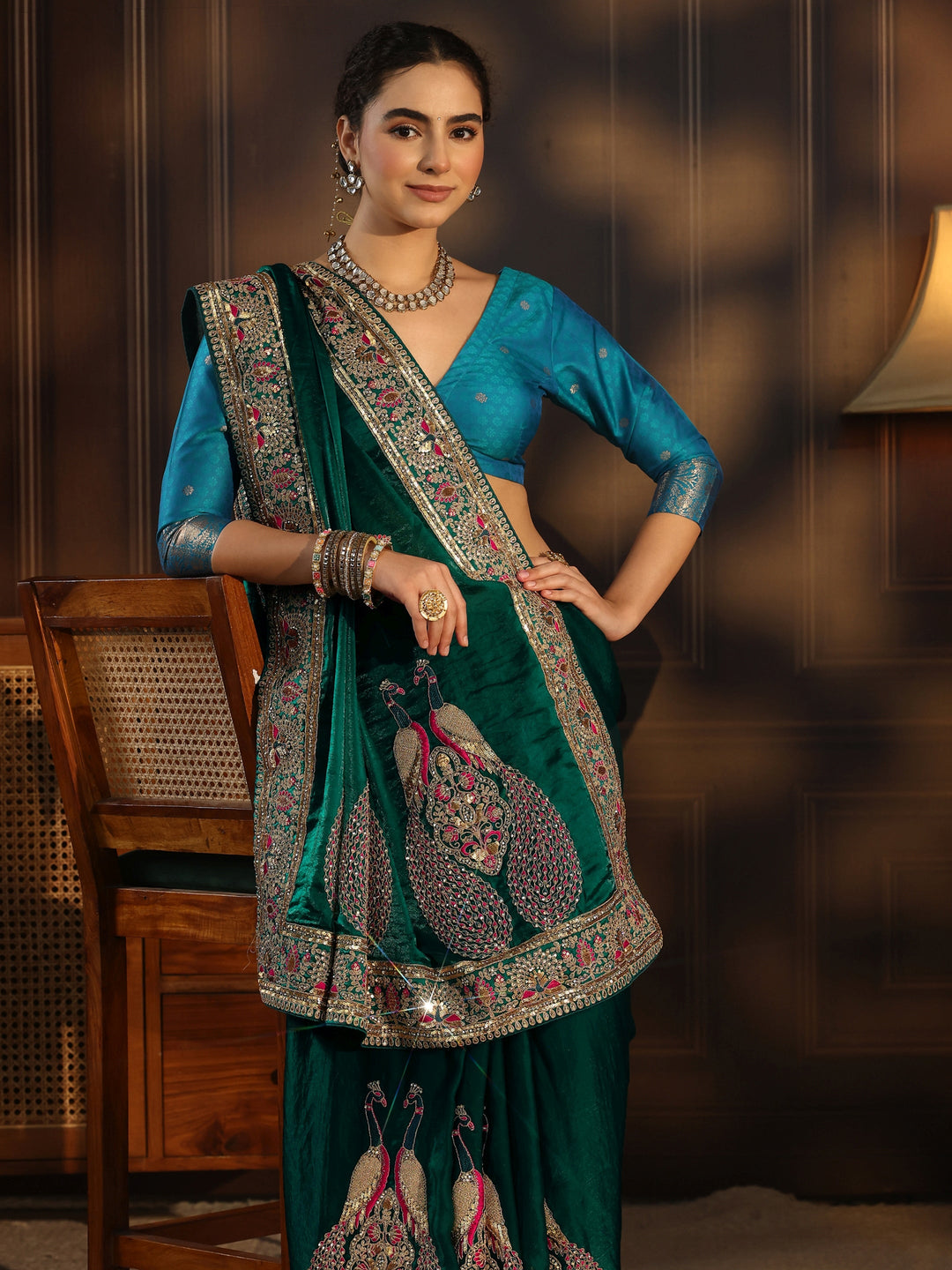 Libas Art Dark Green Embroidered Tissue Saree with Embellished Border