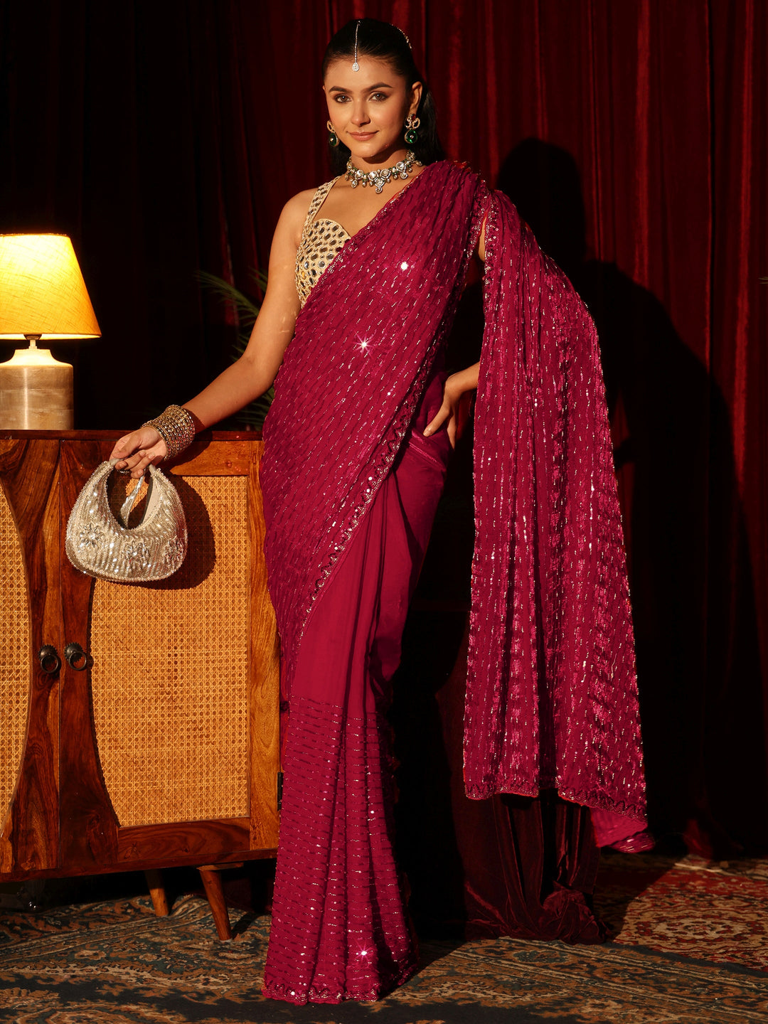 Libas Art Dark Pink Sequin Embellished Tissue Saree
