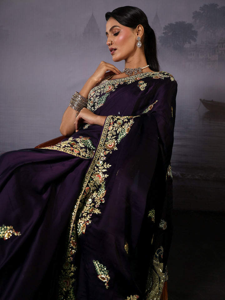 Libas Art Dark Purple Floral and Peacock Embellished Satin Saree