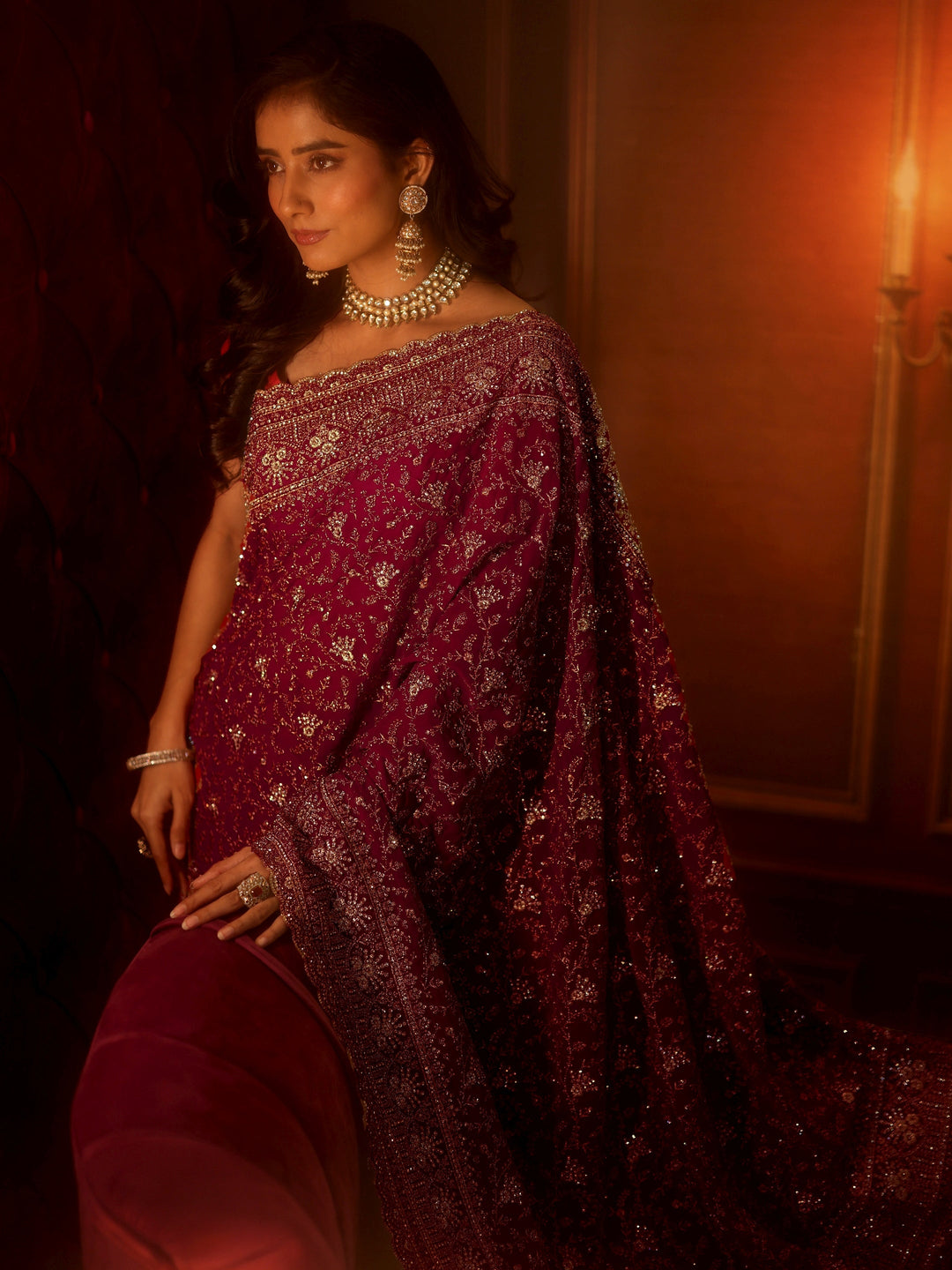 Libas Art Deep Maroon Red Embroidered Georgette Saree