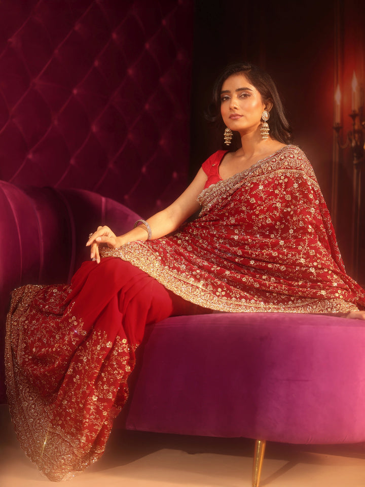 Libas Art Deep Maroon Red Embroidered Georgette Saree