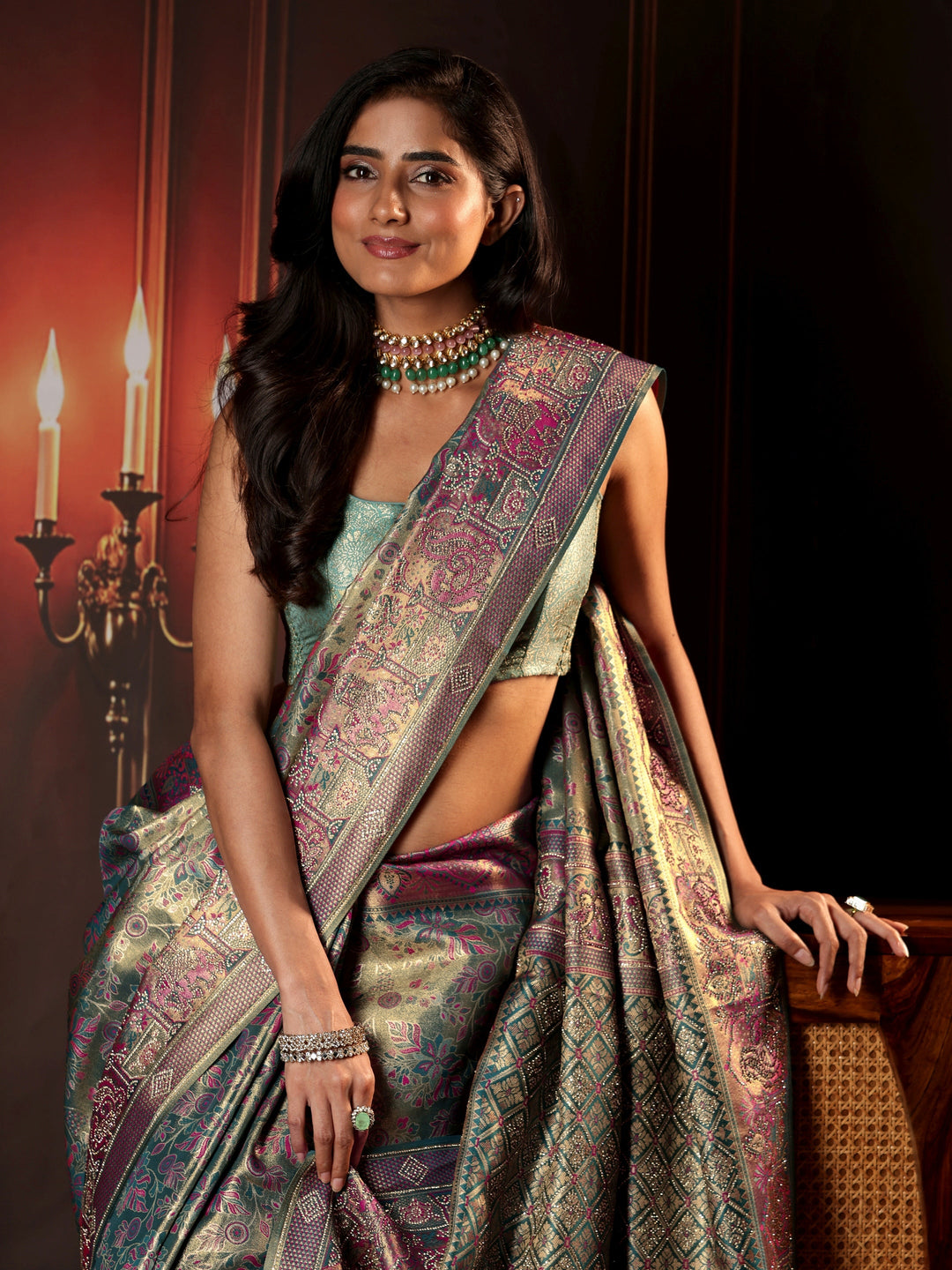 Libas Art Deep Sage Green Floral Woven Design Silk Blend Saree