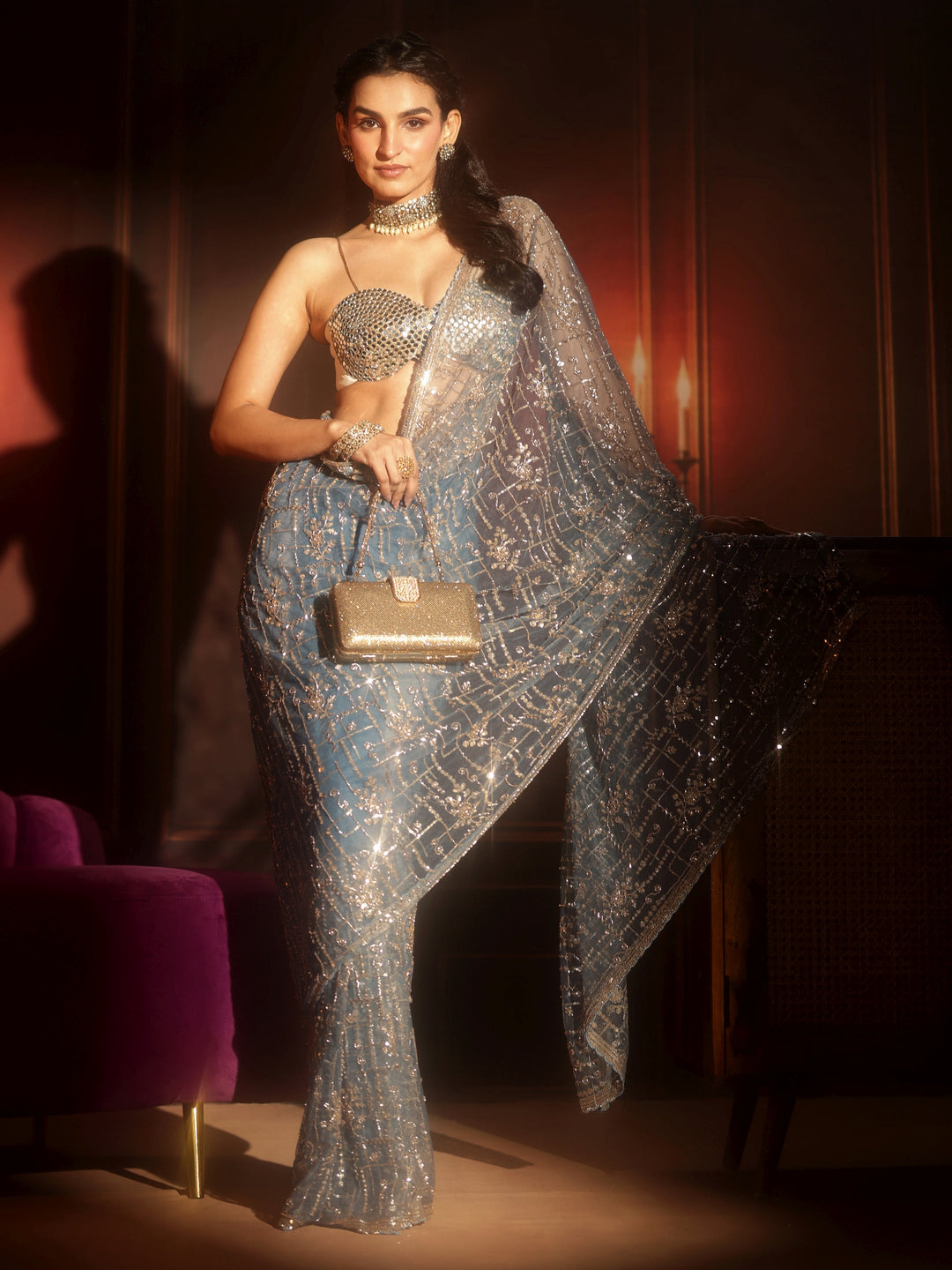 Libas Art Dusty Blue Embellished Net Saree