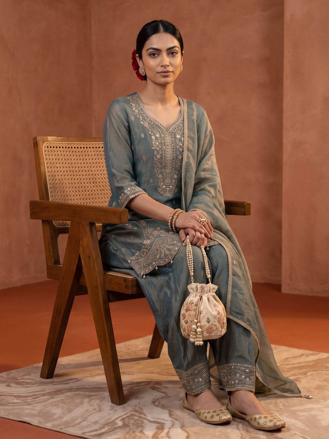 Libas Art Dusty Blue Embellished Tissue Farshi Salwar Suit Set