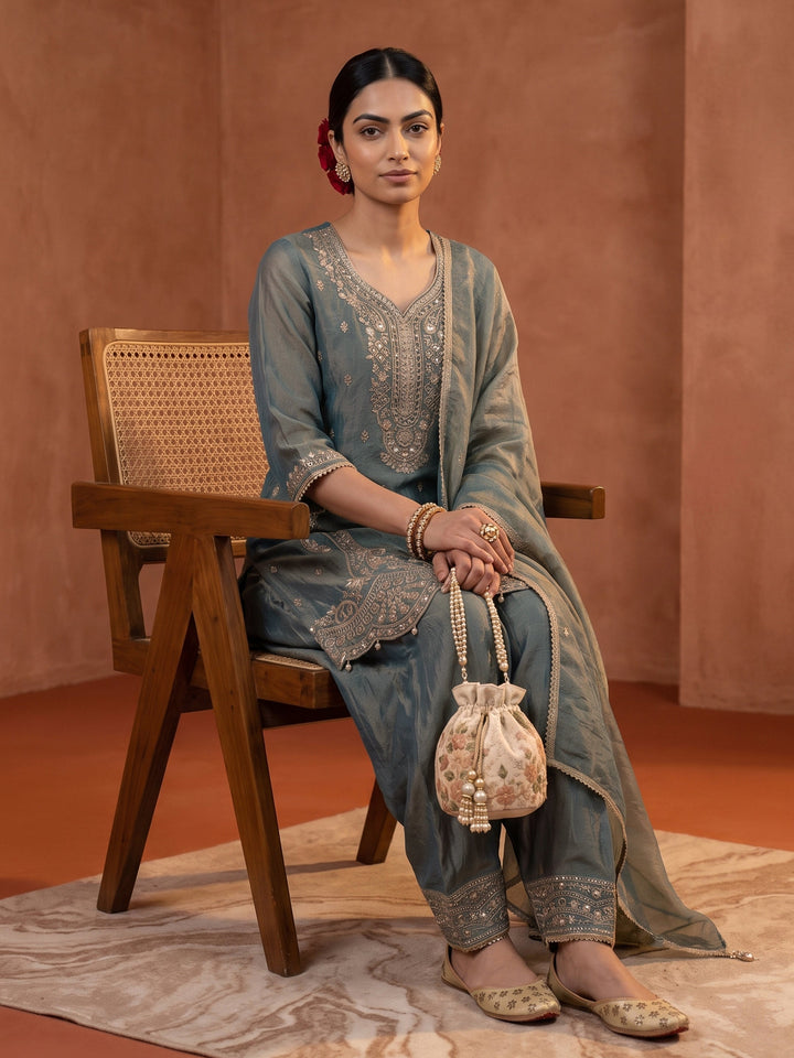 Libas Art Dusty Blue Embellished Tissue Farshi Salwar Suit Set
