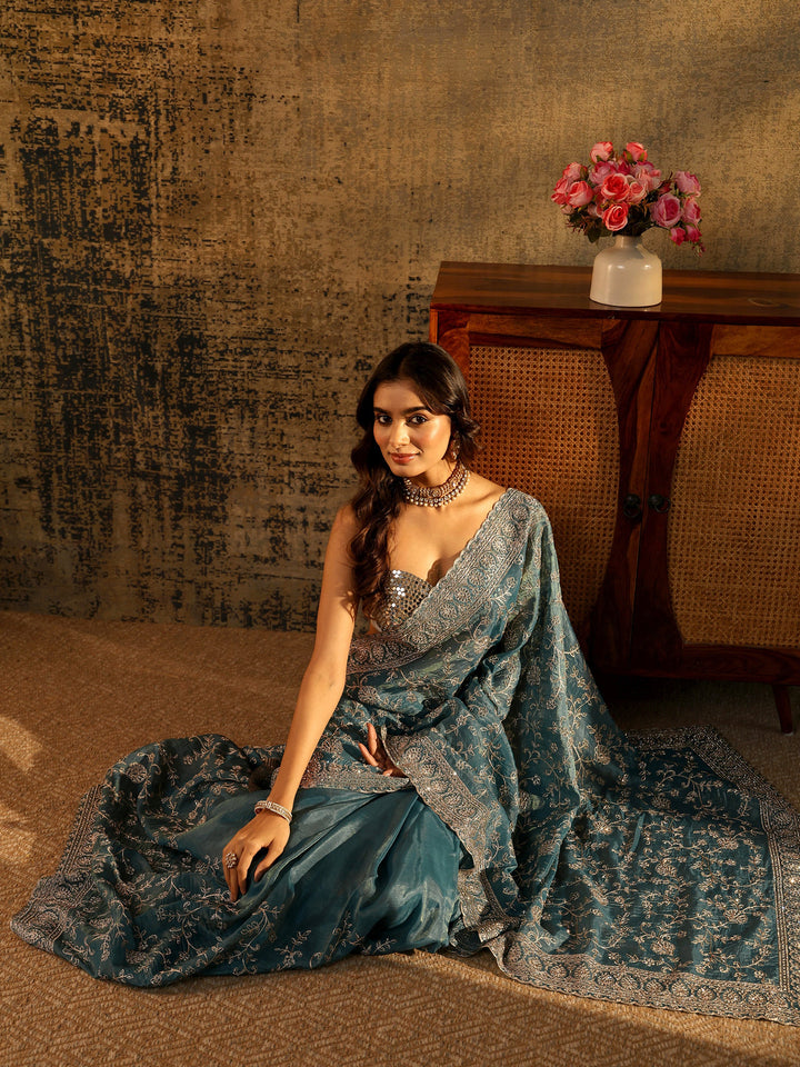 Libas Art Dusty Blue Floral Embroidered Satin Saree