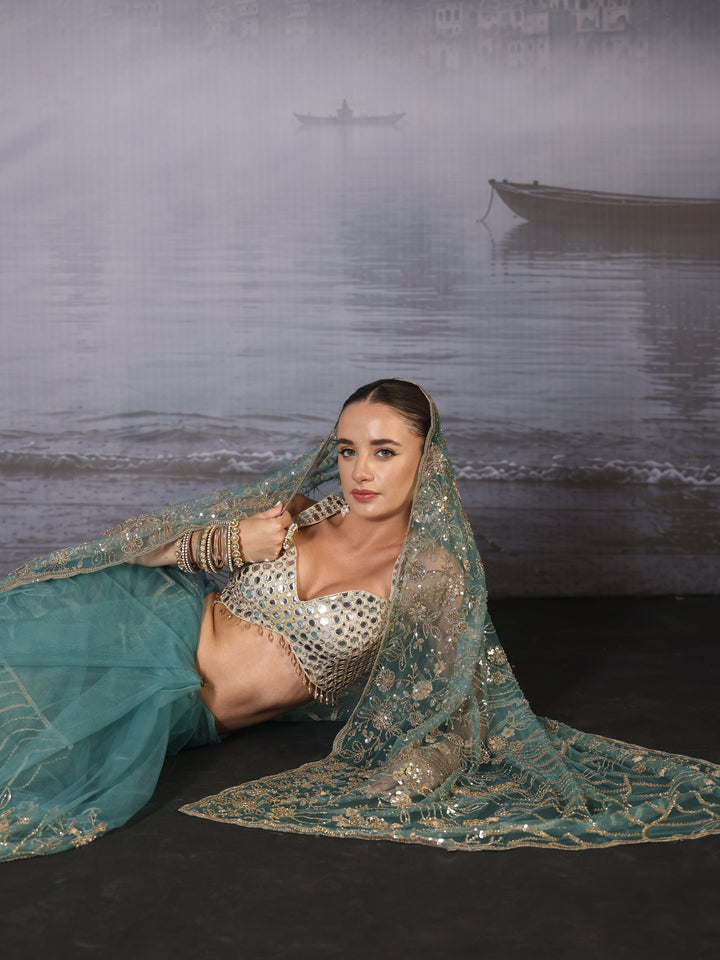 Libas Art Dusty Blue Sequin Embellished Net Saree