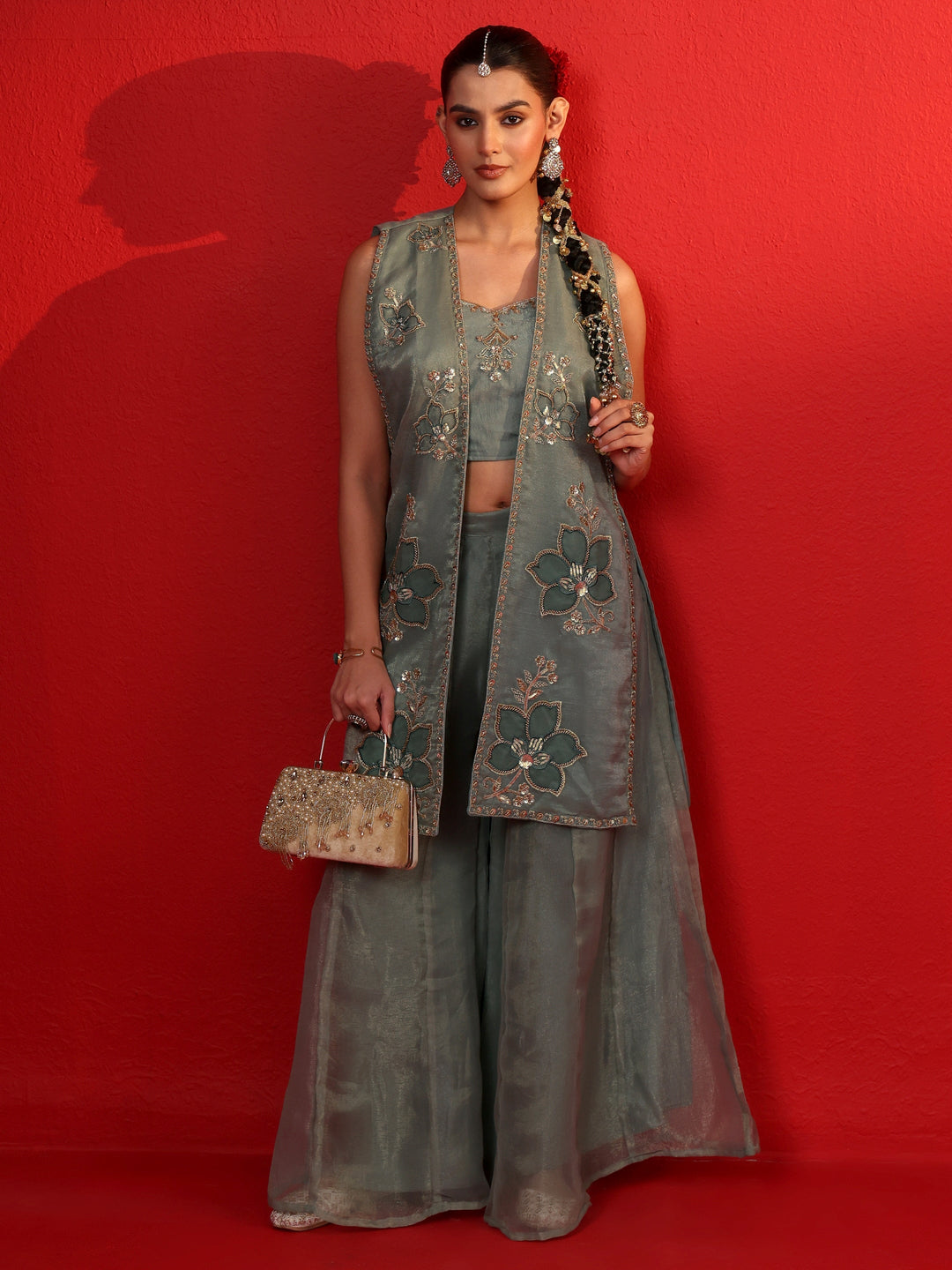 Libas Art Dusty Green Embellished Tissue Co-Ord Set with Jacket